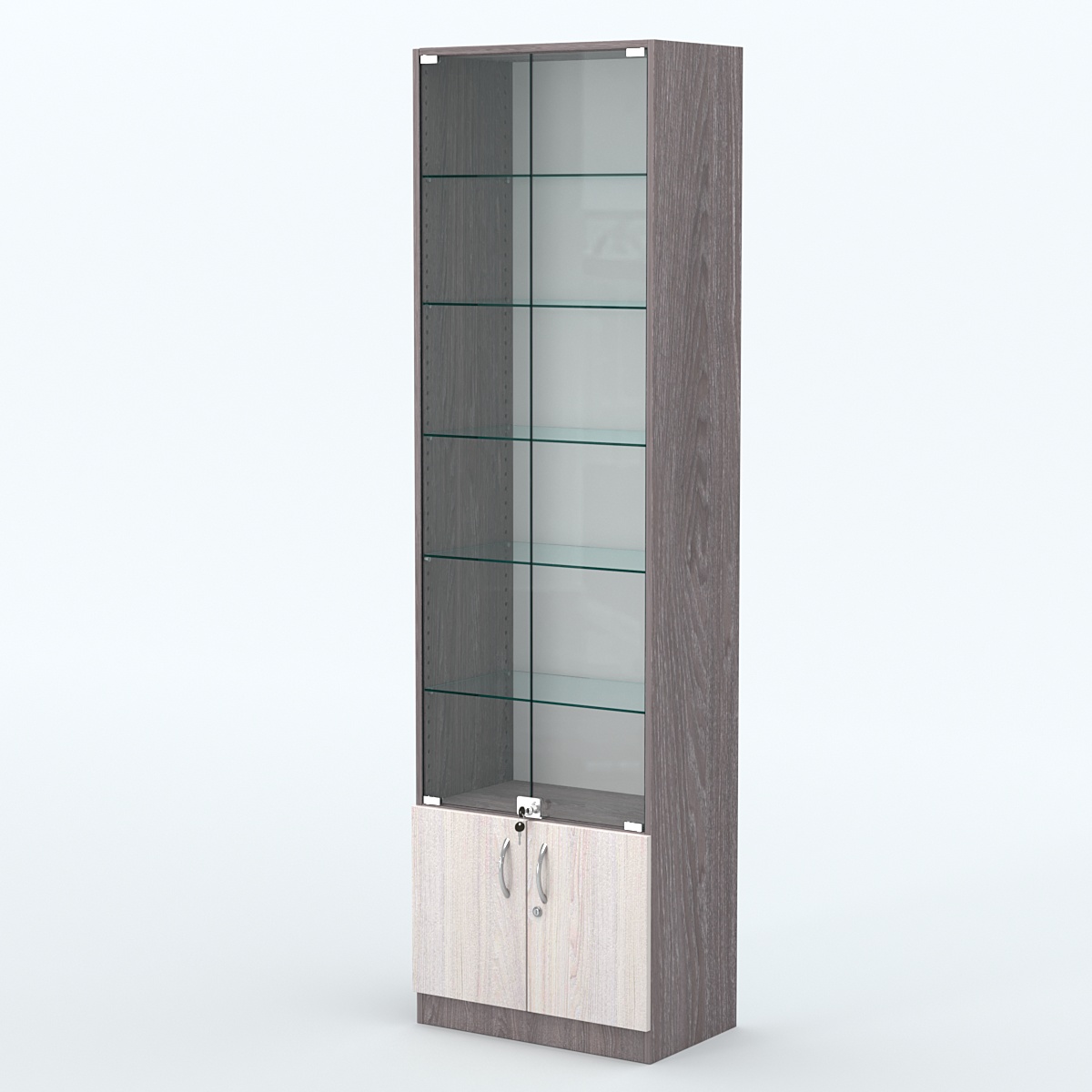 Торговая витрина с 5-ю стеклянными полками 350x600 мм серии NEXT-5 №6 (З/C - ДВП) Ясень Анкор темный + Ясень Анкор светлый