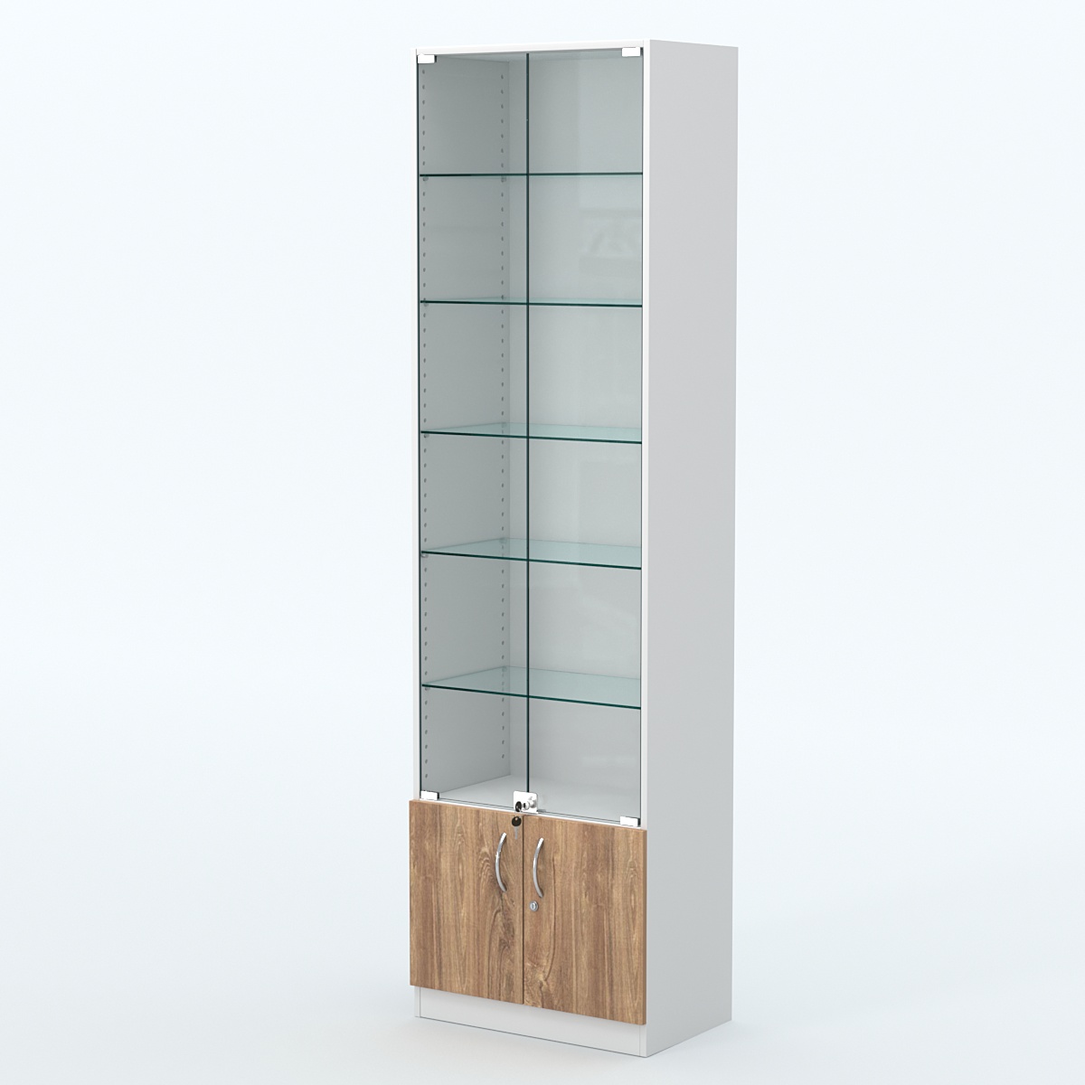 Торговая витрина с 5-ю стеклянными полками 350x600 мм серии NEXT-5 №6 (З/C - ДВП) Белый + Дуб канзас коричневый