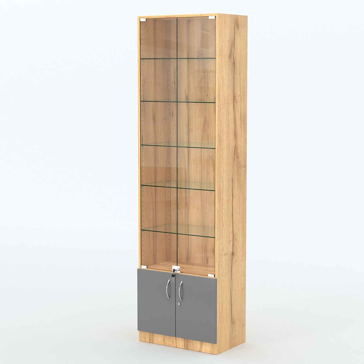 Торговая витрина с 5-ю стеклянными полками 350x600 мм серии NEXT-5 №6 (З/C - ДВП) Дуб Золотистый и Темно-Серый