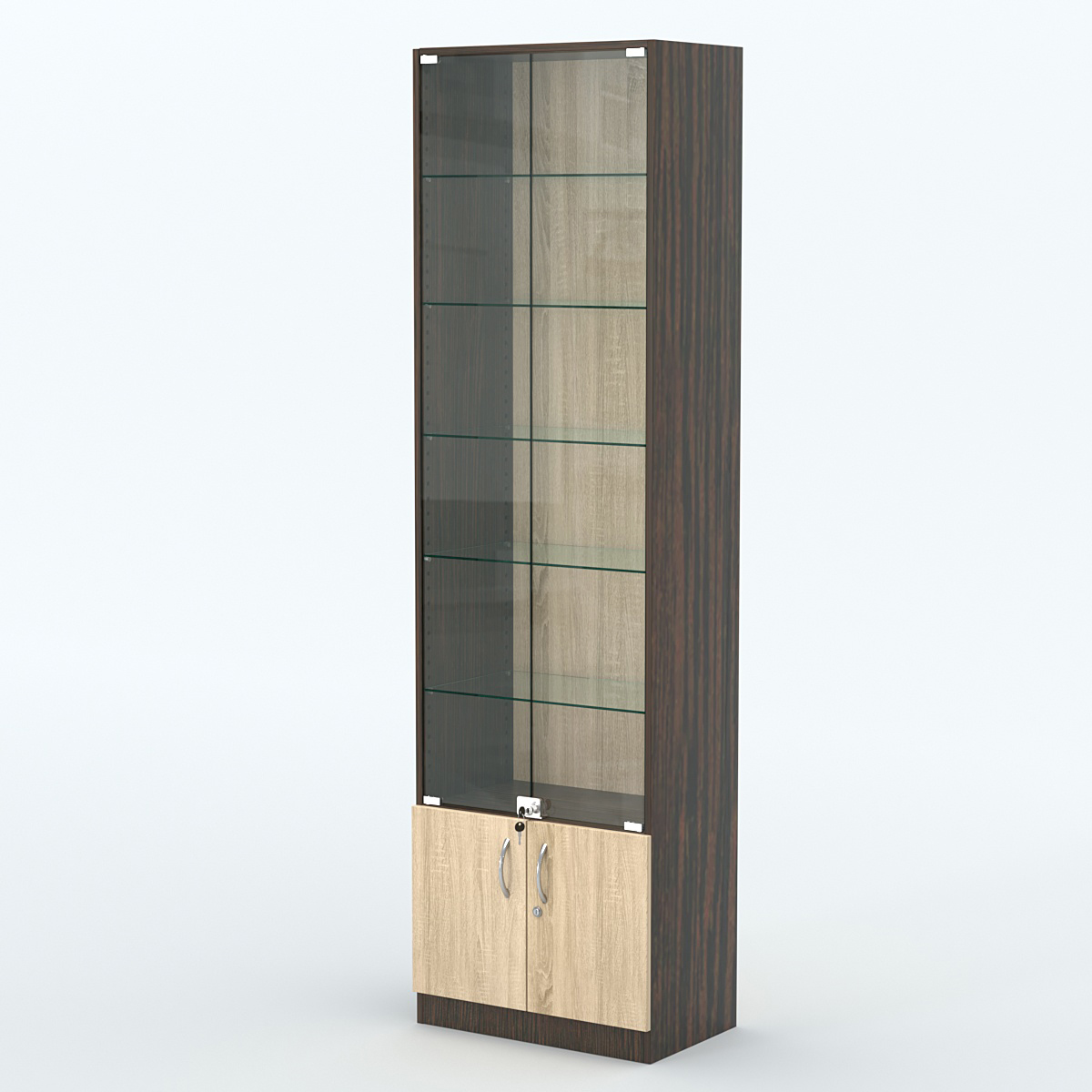 Торговая витрина с 5-ю стеклянными полками 350x600 мм серии NEXT-5 №6 (З/C - ДВП) Дуб Венге + Дуб Сонома