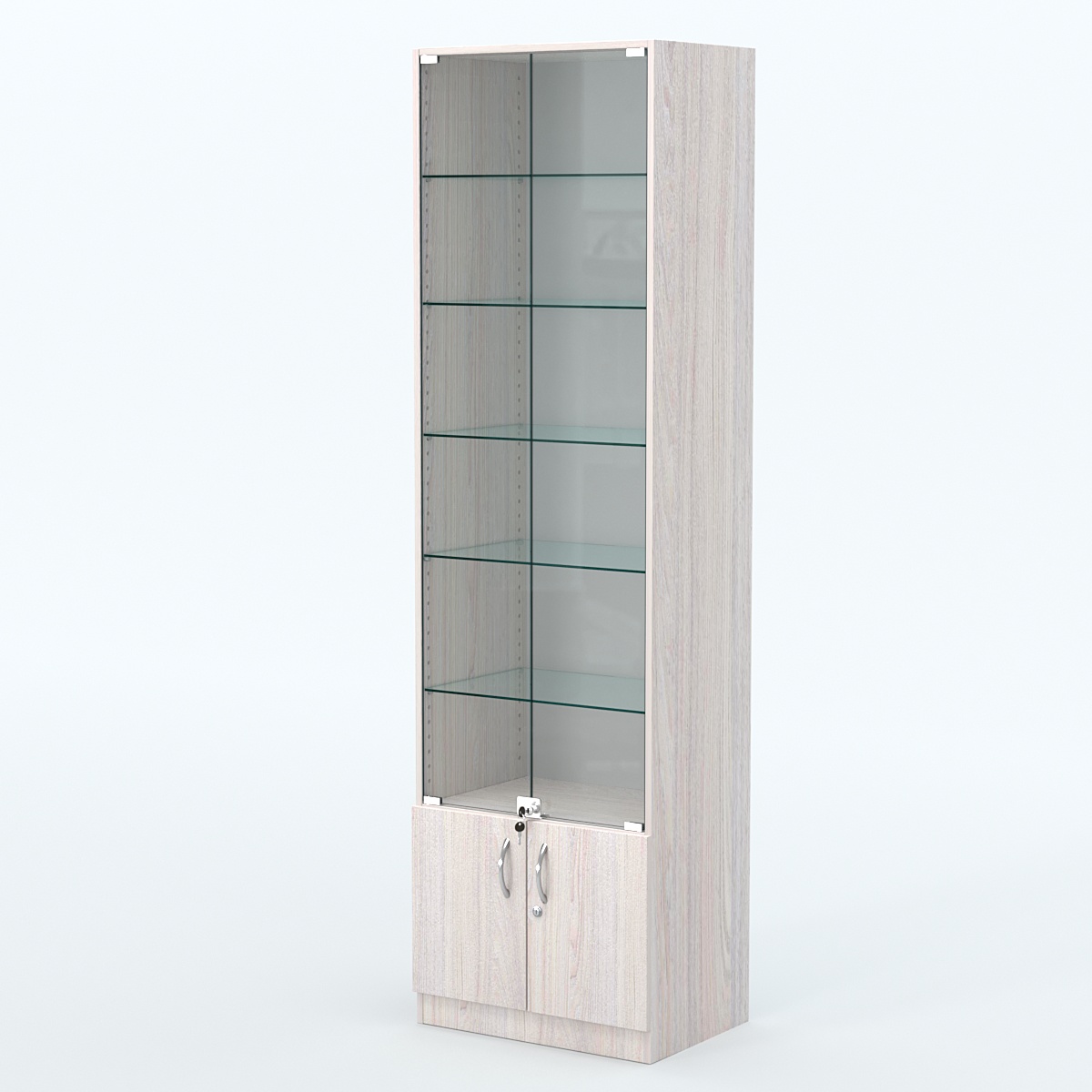 Торговая витрина с 5-ю стеклянными полками 400x600 мм серии NEXT-5 №7 (З/C - ДВП) Ясень Анкор светлый