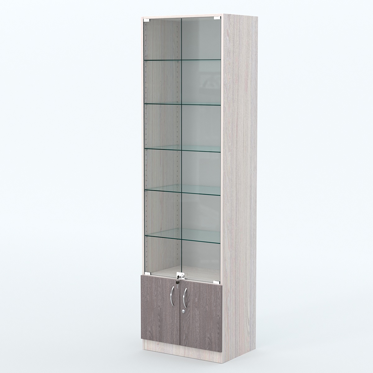 Торговая витрина с 5-ю стеклянными полками 400x600 мм серии NEXT-5 №7 (З/C - ДВП) Ясень Анкор светлый + Ясень Анкор темный