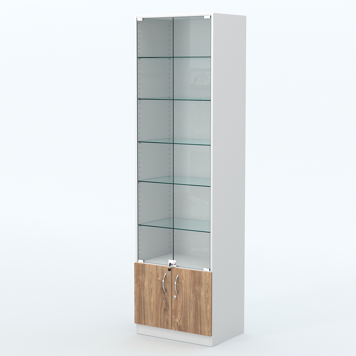 Торговая витрина с 5-ю стеклянными полками 400x600 мм серии NEXT-5 №7 (З/C - ДВП) Белый + Дуб канзас коричневый