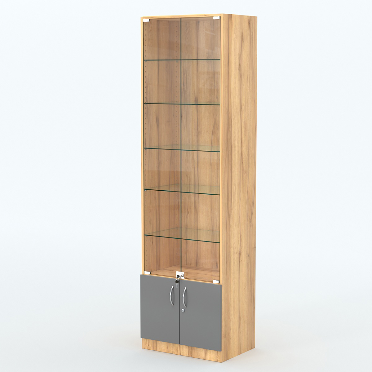 Торговая витрина с 5-ю стеклянными полками 400x600 мм серии NEXT-5 №7 (З/C - ДВП) Дуб Золотистый и Темно-Серый