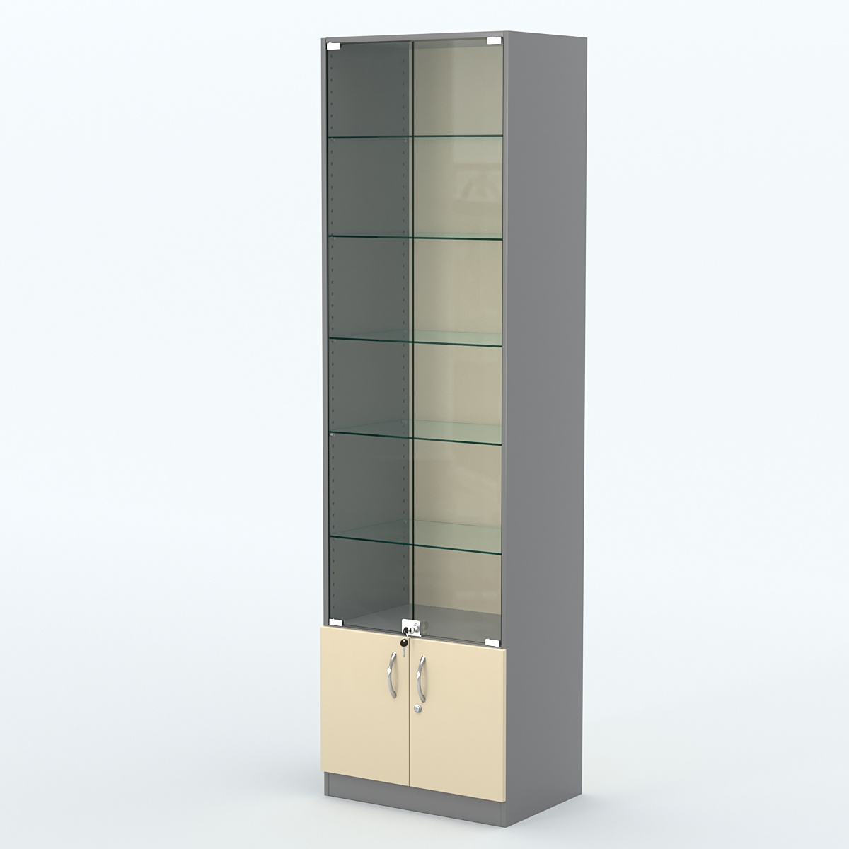 Торговая витрина с 5-ю стеклянными полками 400x600 мм серии NEXT-5 №7 (З/C - ДВП) Темно-серый + Крем Вайс