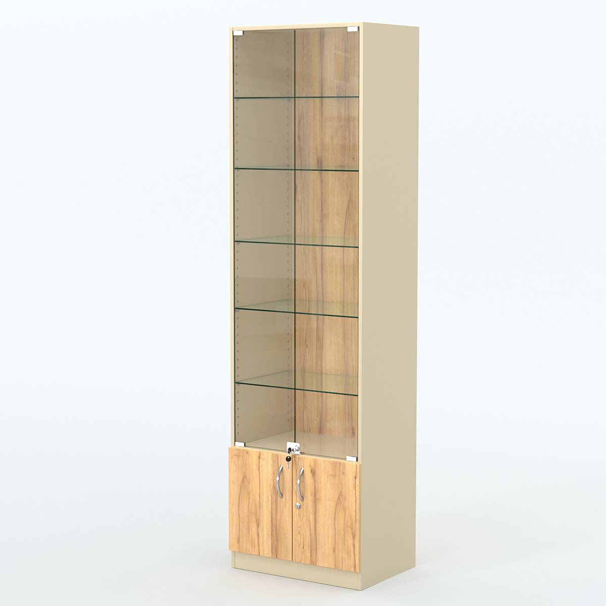 Торговая витрина с 5-ю стеклянными полками 400x600 мм серии NEXT-5 №7 (З/C - ДВП) Крем Вайс и Дуб Золотистый