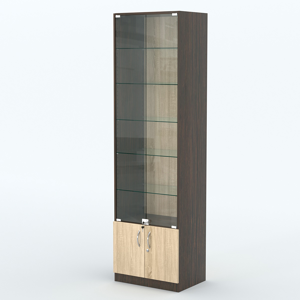 Торговая витрина с 5-ю стеклянными полками 400x600 мм серии NEXT-5 №7 (З/C - ДВП) Дуб Венге + Дуб Сонома