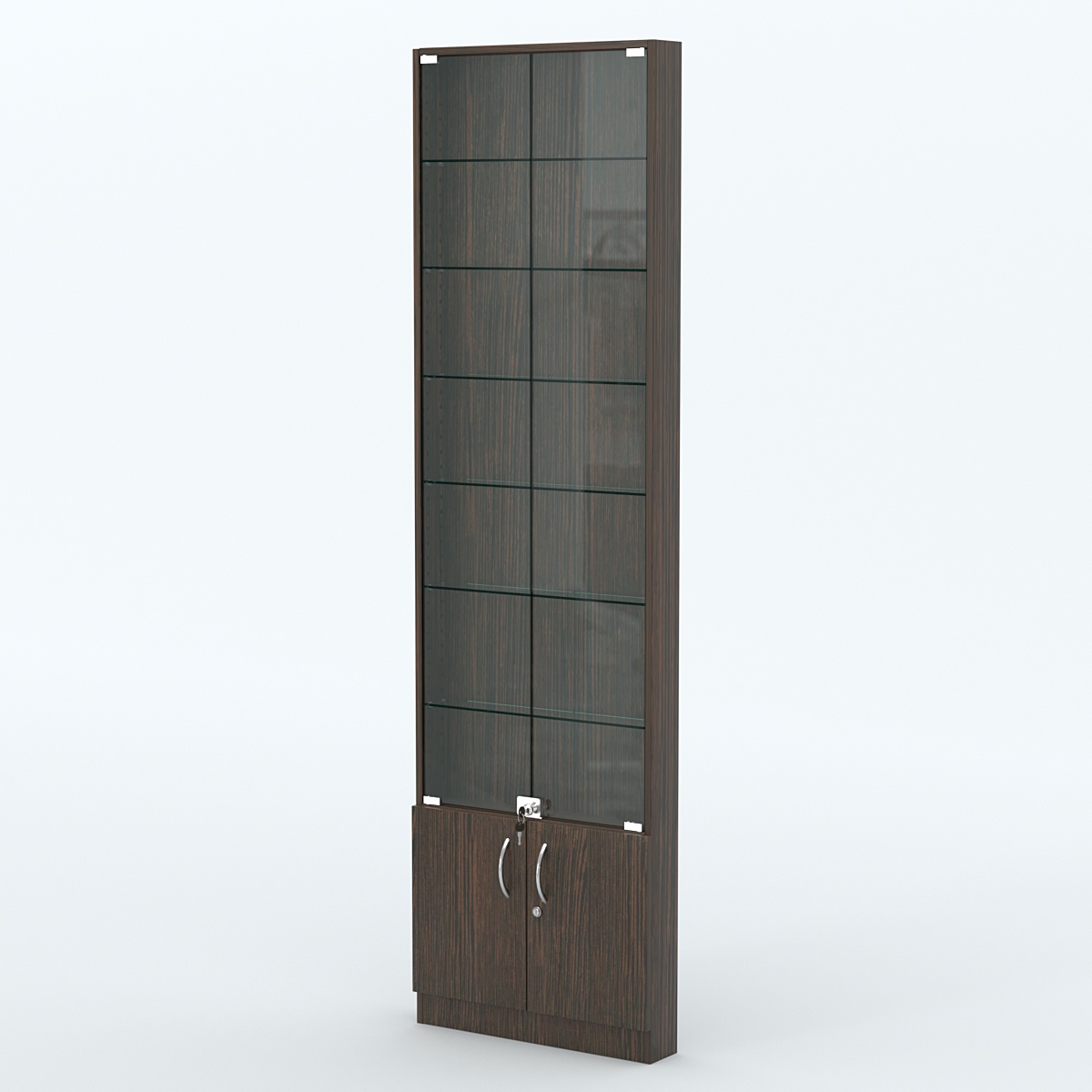 Торговая витрина с 6-ю стеклянными полками 100x600 мм серии NEXT-6 №1 (З/C - ДВП) Дуб Венге