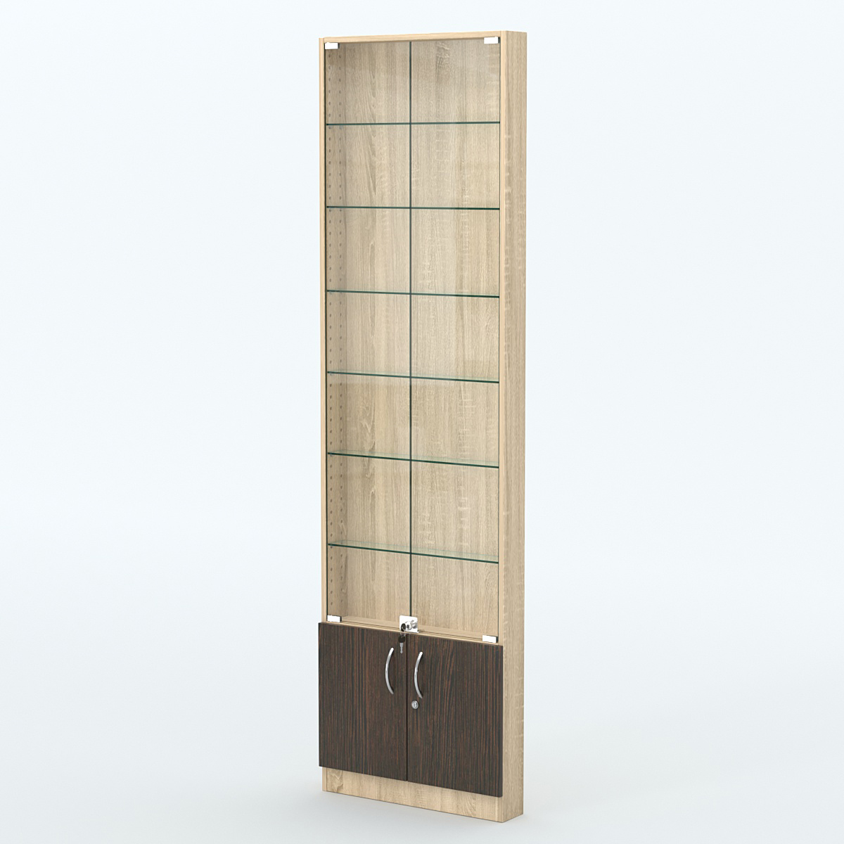 Торговая витрина с 6-ю стеклянными полками 100x600 мм серии NEXT-6 №1 (З/C - ДВП) Дуб Сонома + Дуб Венге