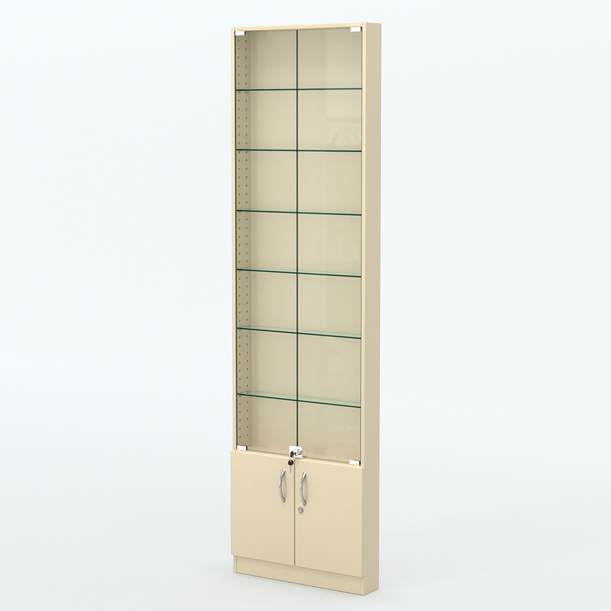 Торговая витрина с 6-ю стеклянными полками 100x600 мм серии NEXT-6 №1 (З/C - ДВП) Крем Вайс