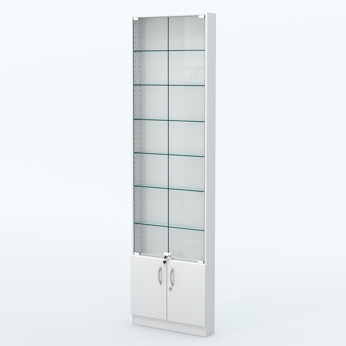 Торговая витрина с 6-ю стеклянными полками 100x600 мм серии NEXT-6 №1 (З/C - ДВП) Белый