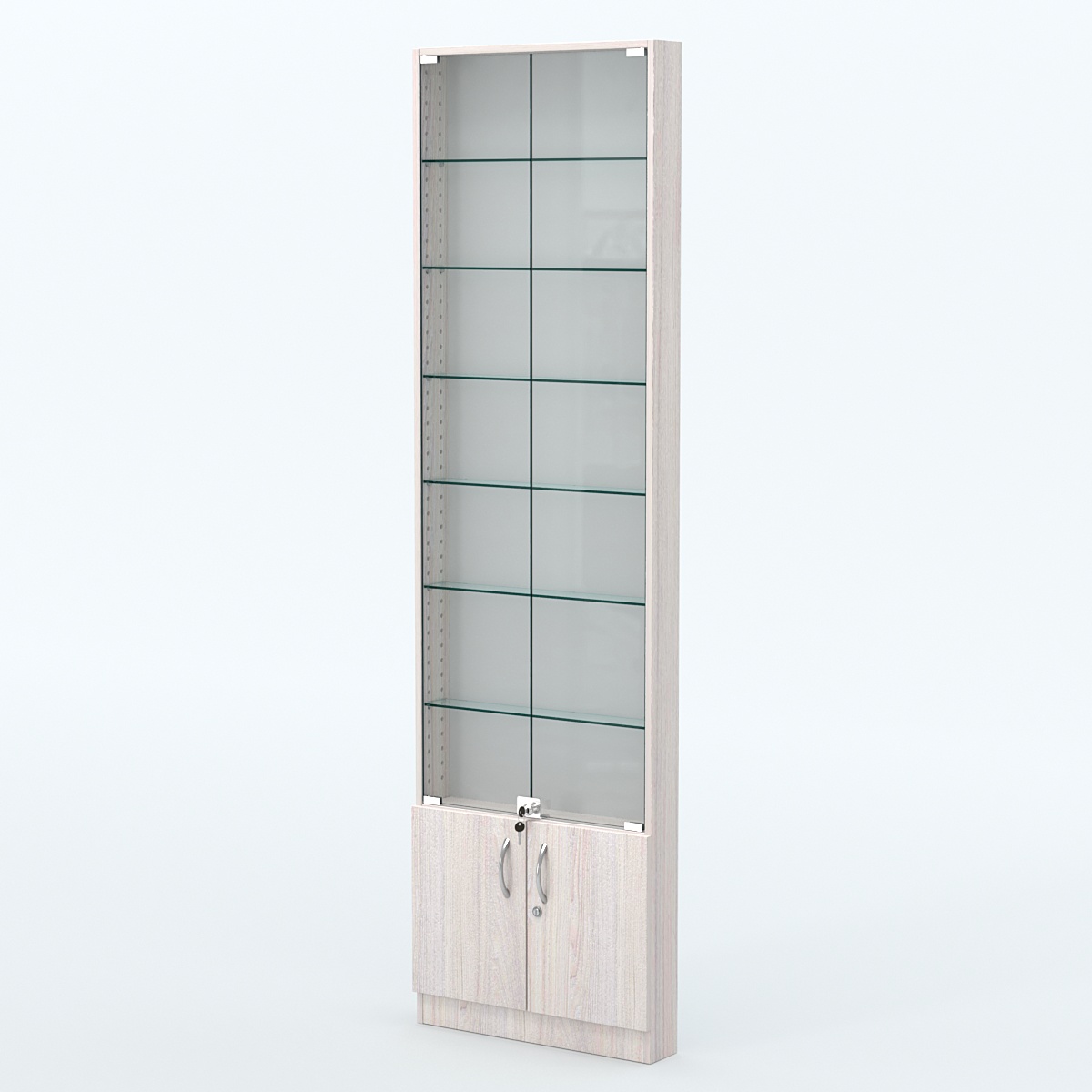 Торговая витрина с 6-ю стеклянными полками 100x600 мм серии NEXT-6 №1 (З/C - ДВП) Ясень Анкор светлый