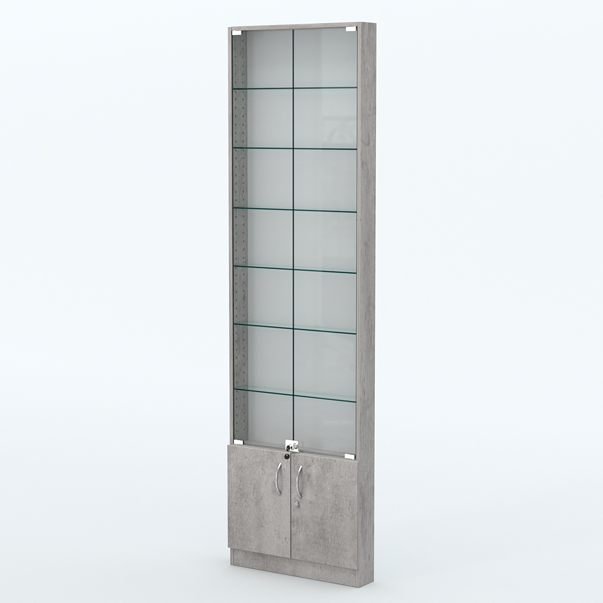 Торговая витрина с 6-ю стеклянными полками 100x600 мм серии NEXT-6 №1 (З/C - ДВП) Бетон Чикаго светло-серый F186 ST9