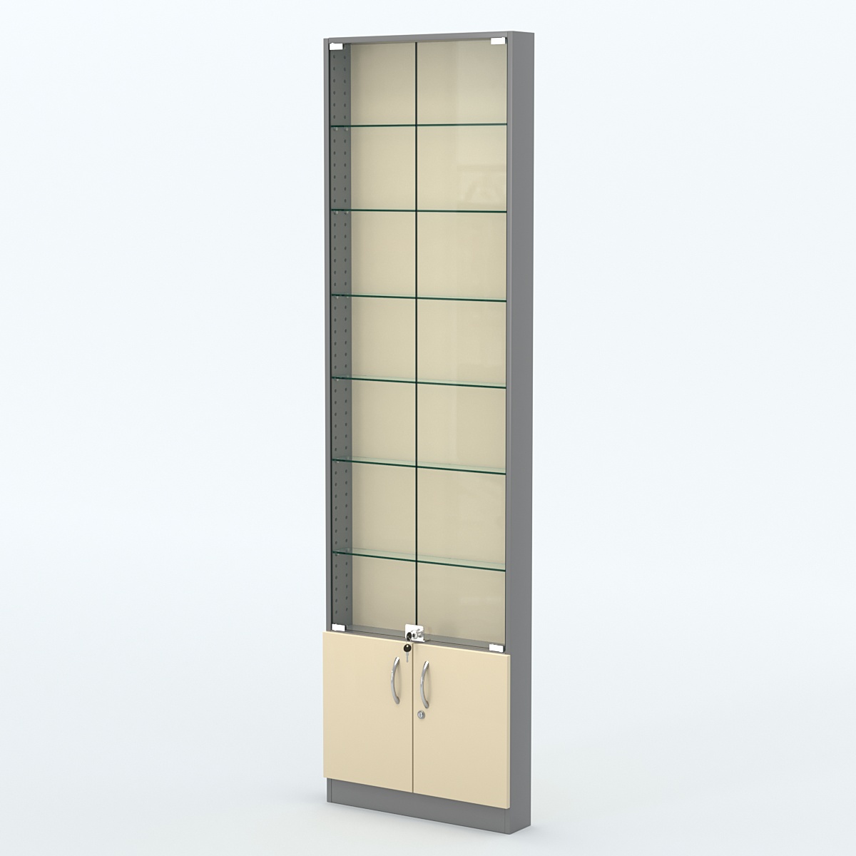 Торговая витрина с 6-ю стеклянными полками 100x600 мм серии NEXT-6 №1 (З/C - ДВП) Темно-серый + Крем Вайс