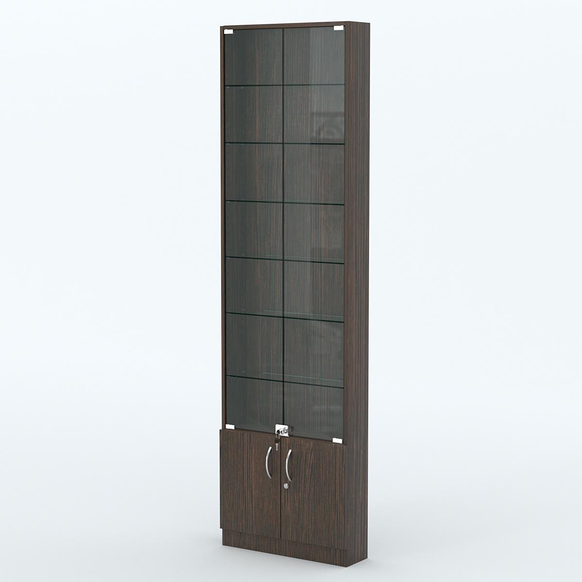 Торговая витрина с 6-ю стеклянными полками 150x600 мм серии NEXT-6 №2 (З/C - ДВП) Дуб Венге