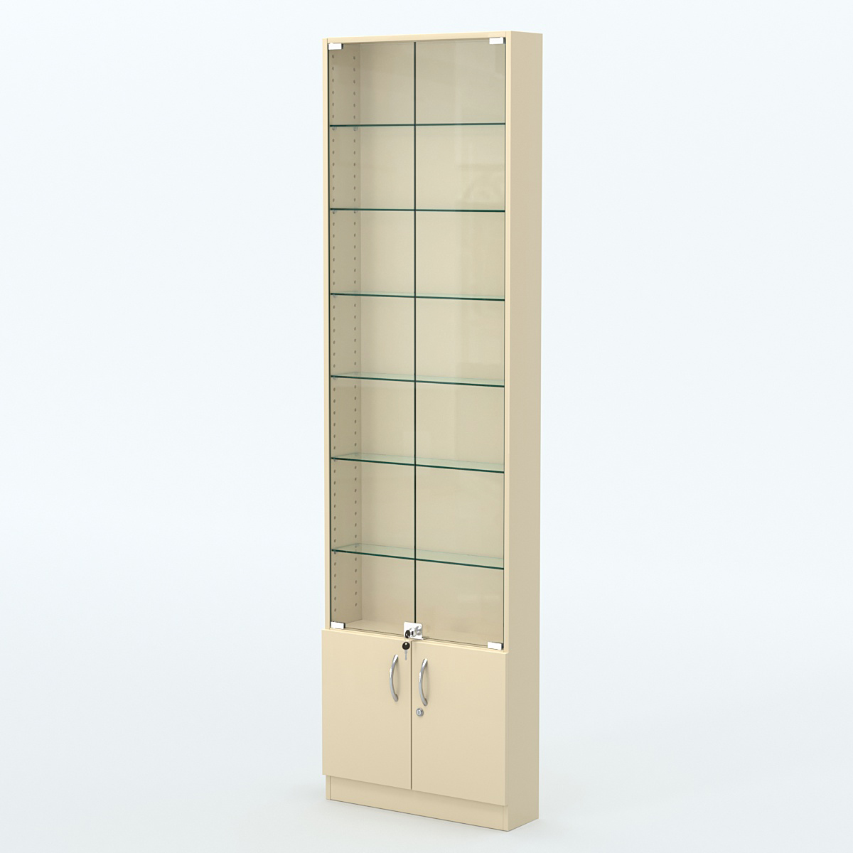 Торговая витрина с 6-ю стеклянными полками 150x600 мм серии NEXT-6 №2 (З/C - ДВП) Крем Вайс