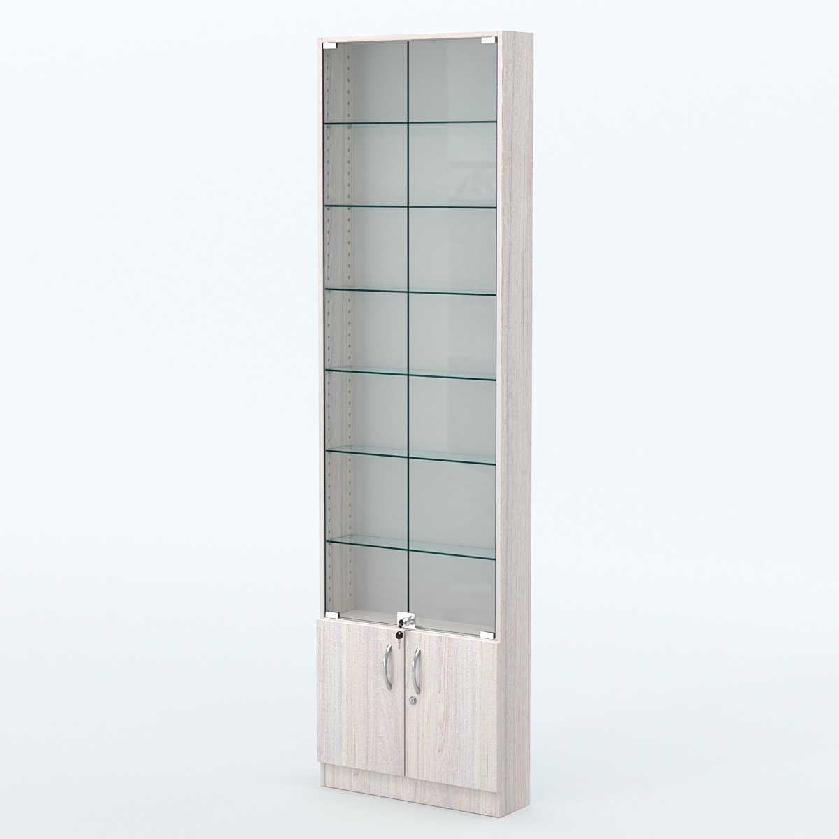 Торговая витрина с 6-ю стеклянными полками 150x600 мм серии NEXT-6 №2 (З/C - ДВП) Ясень Анкор светлый