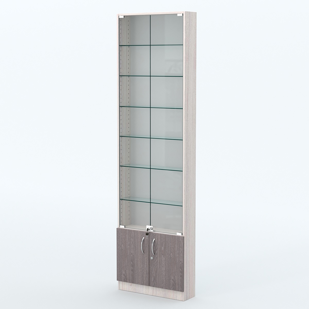 Торговая витрина с 6-ю стеклянными полками 150x600 мм серии NEXT-6 №2 (З/C - ДВП) Ясень Анкор светлый + Ясень Анкор темный