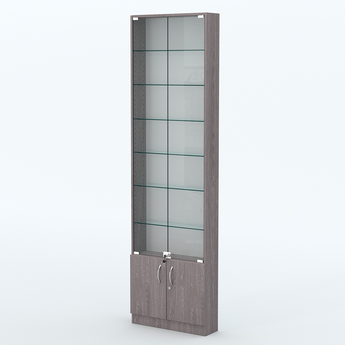 Торговая витрина с 6-ю стеклянными полками 150x600 мм серии NEXT-6 №2 (З/C - ДВП) Ясень Анкор темный