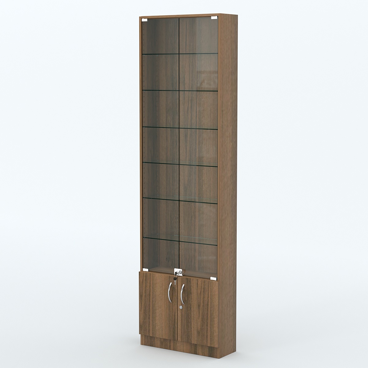 Торговая витрина с 6-ю стеклянными полками 200x600 мм серии NEXT-6 №3 (З/C - ДВП) Орех