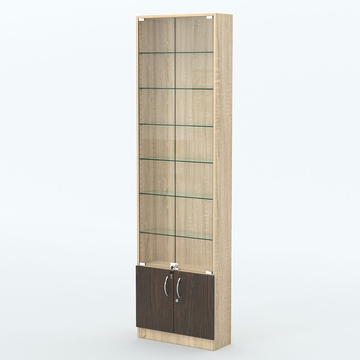 Торговая витрина с 6-ю стеклянными полками 200x600 мм серии NEXT-6 №3 (З/C - ДВП) Дуб Сонома + Дуб Венге