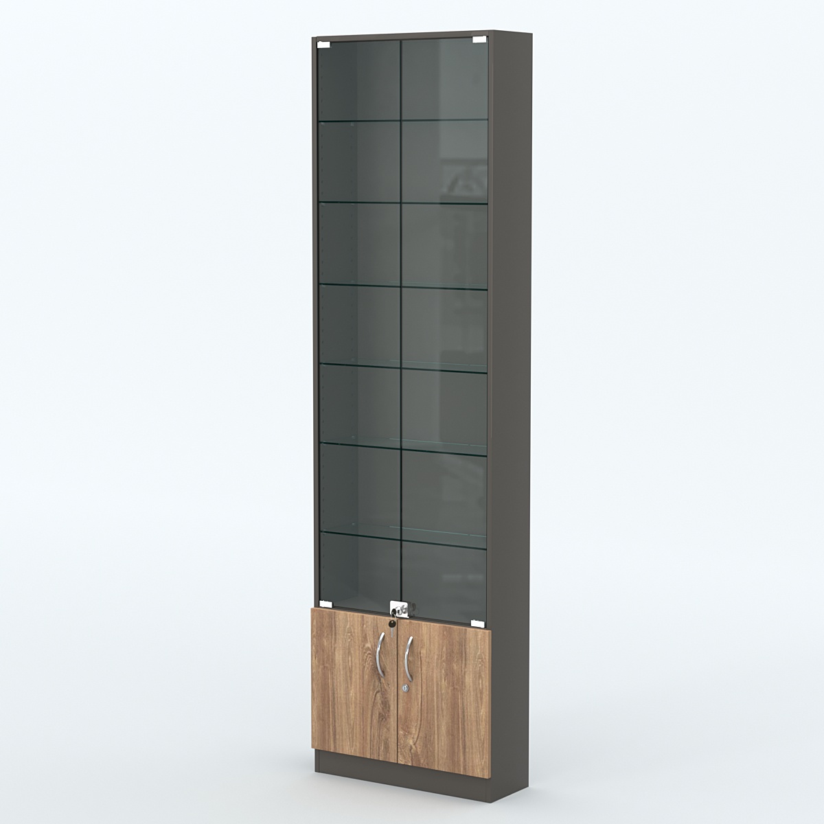 Торговая витрина с 6-ю стеклянными полками 200x600 мм серии NEXT-6 №3 (З/C - ДВП) Черный + Дуб Канзас Коричневый