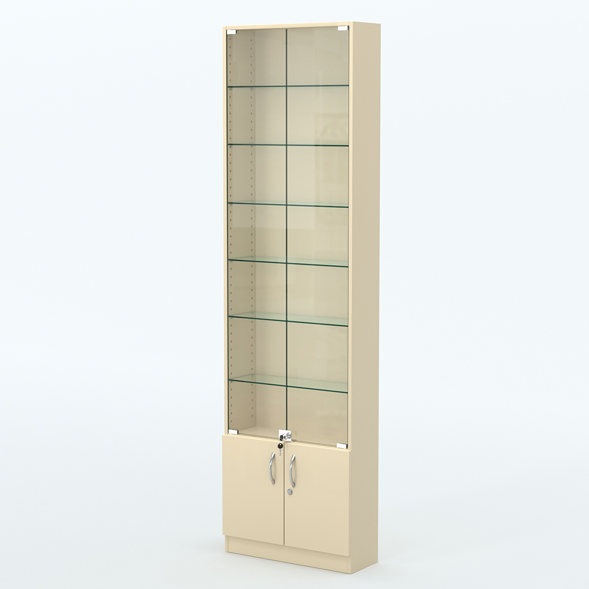 Торговая витрина с 6-ю стеклянными полками 200x600 мм серии NEXT-6 №3 (З/C - ДВП) Крем Вайс