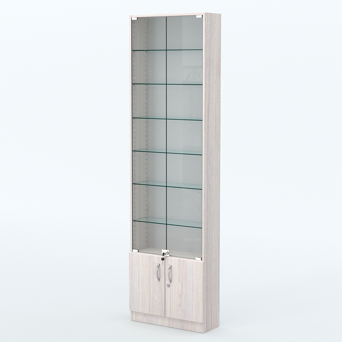 Торговая витрина с 6-ю стеклянными полками 200x600 мм серии NEXT-6 №3 (З/C - ДВП) Ясень Анкор светлый
