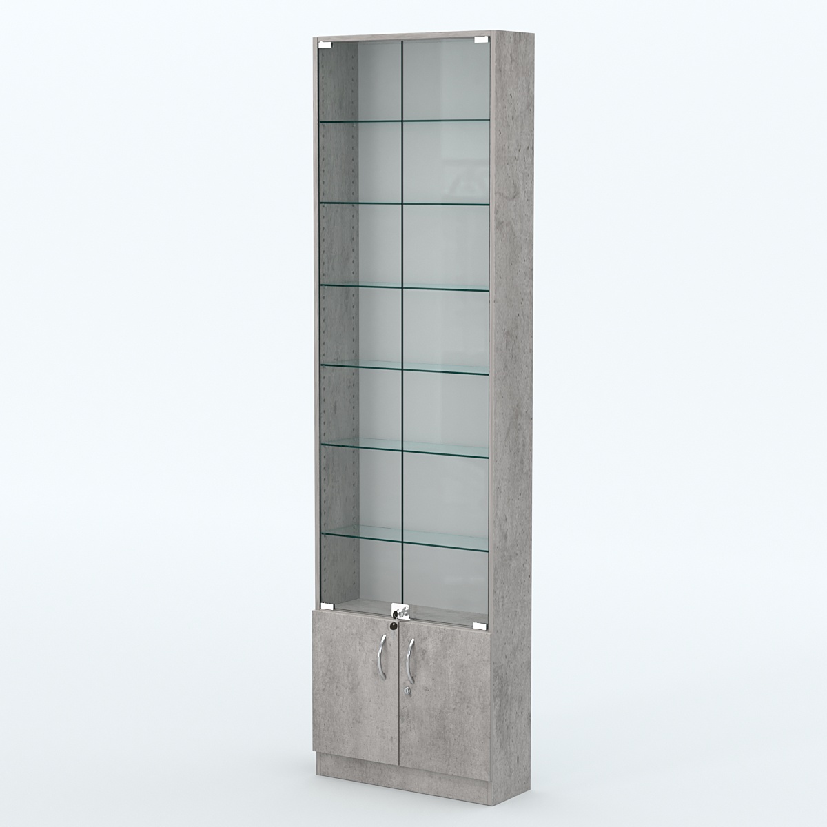 Торговая витрина с 6-ю стеклянными полками 200x600 мм серии NEXT-6 №3 (З/C - ДВП) Бетон Чикаго светло-серый F186 ST9