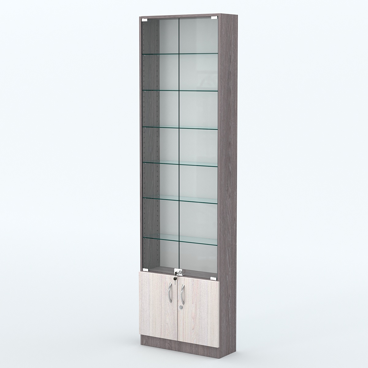 Торговая витрина с 6-ю стеклянными полками 200x600 мм серии NEXT-6 №3 (З/C - ДВП) Ясень Анкор темный + Ясень Анкор светлый