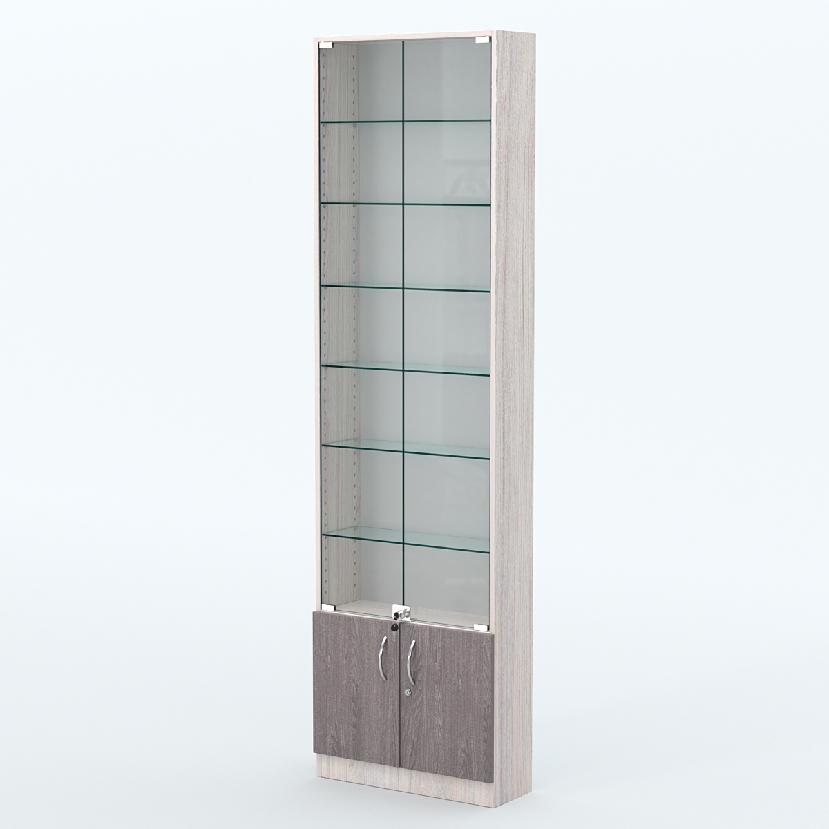 Торговая витрина с 6-ю стеклянными полками 200x600 мм серии NEXT-6 №3 (З/C - ДВП) Ясень Анкор светлый + Ясень Анкор темный