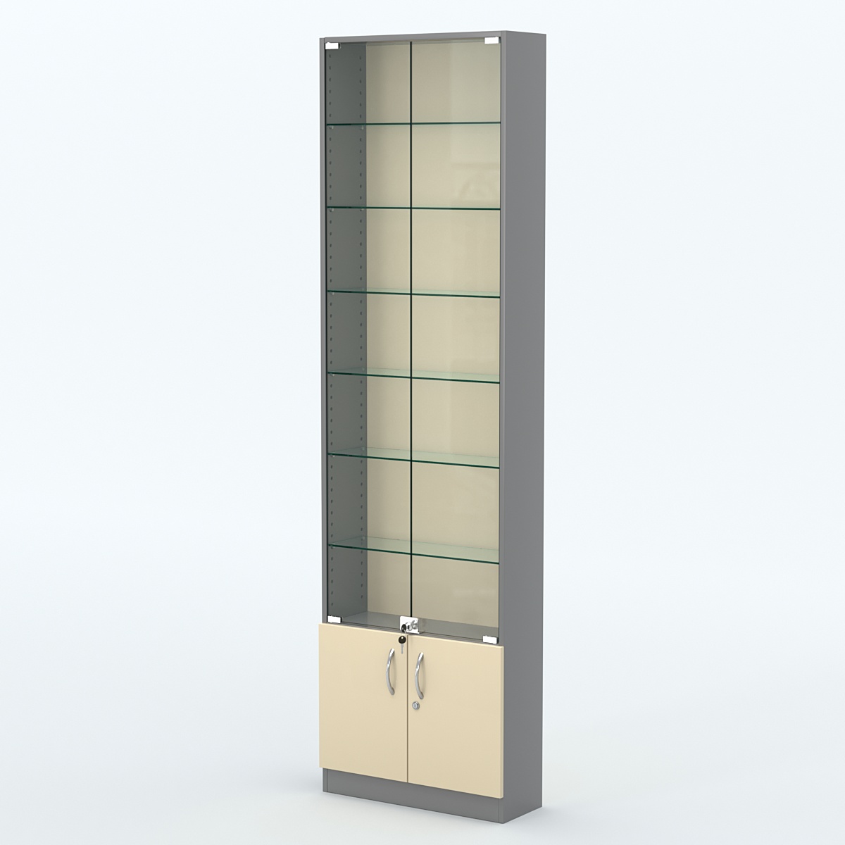 Торговая витрина с 6-ю стеклянными полками 200x600 мм серии NEXT-6 №3 (З/C - ДВП) Темно-серый + Крем Вайс