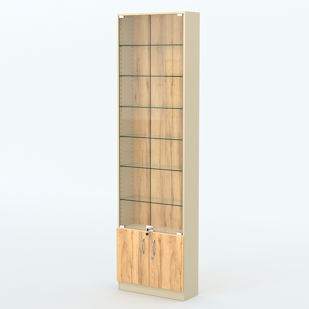 Торговая витрина с 6-ю стеклянными полками 200x600 мм серии NEXT-6 №3 (З/C - ДВП) Крем Вайс и Дуб Золотистый