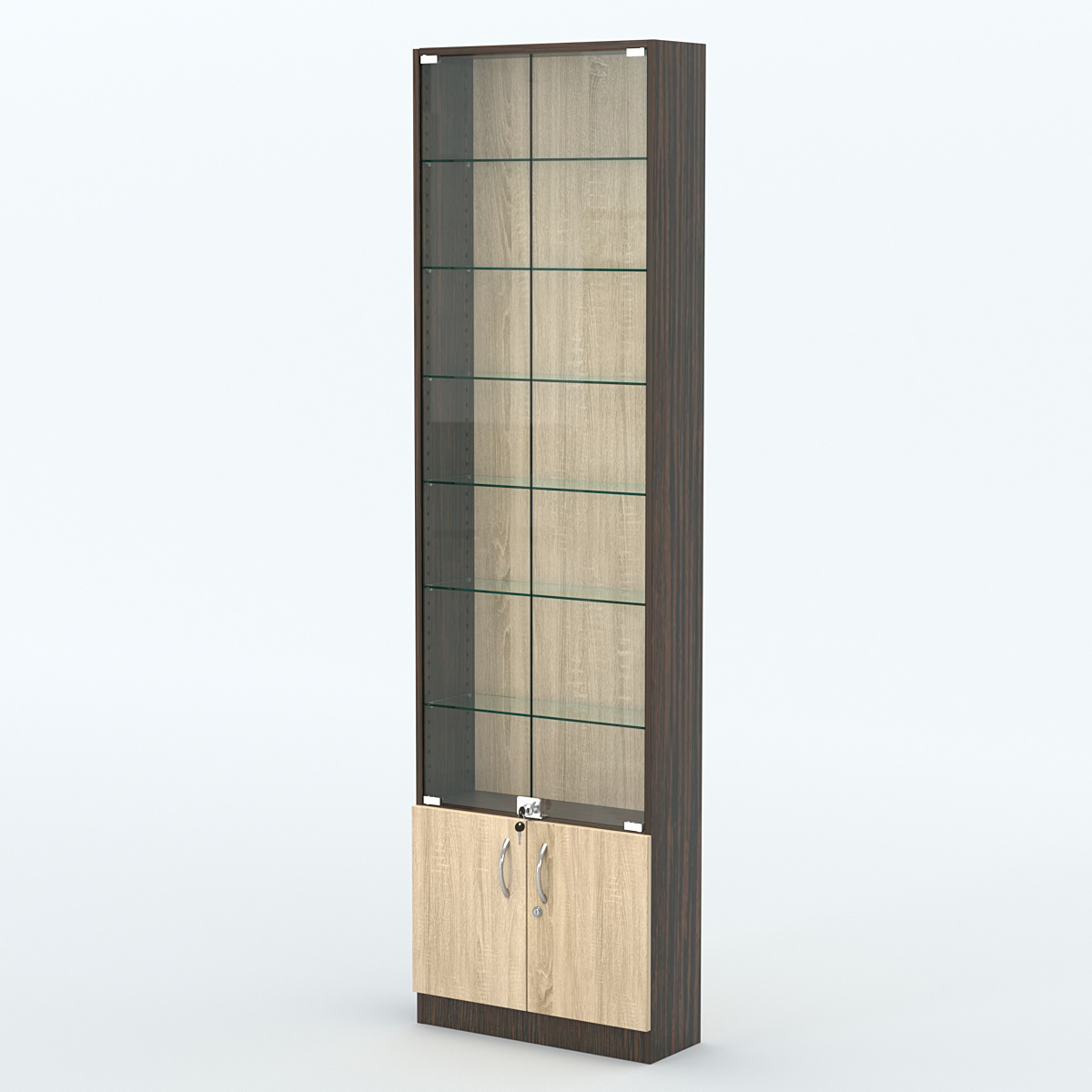 Торговая витрина с 6-ю стеклянными полками 200x600 мм серии NEXT-6 №3 (З/C - ДВП) Дуб Венге + Дуб Сонома