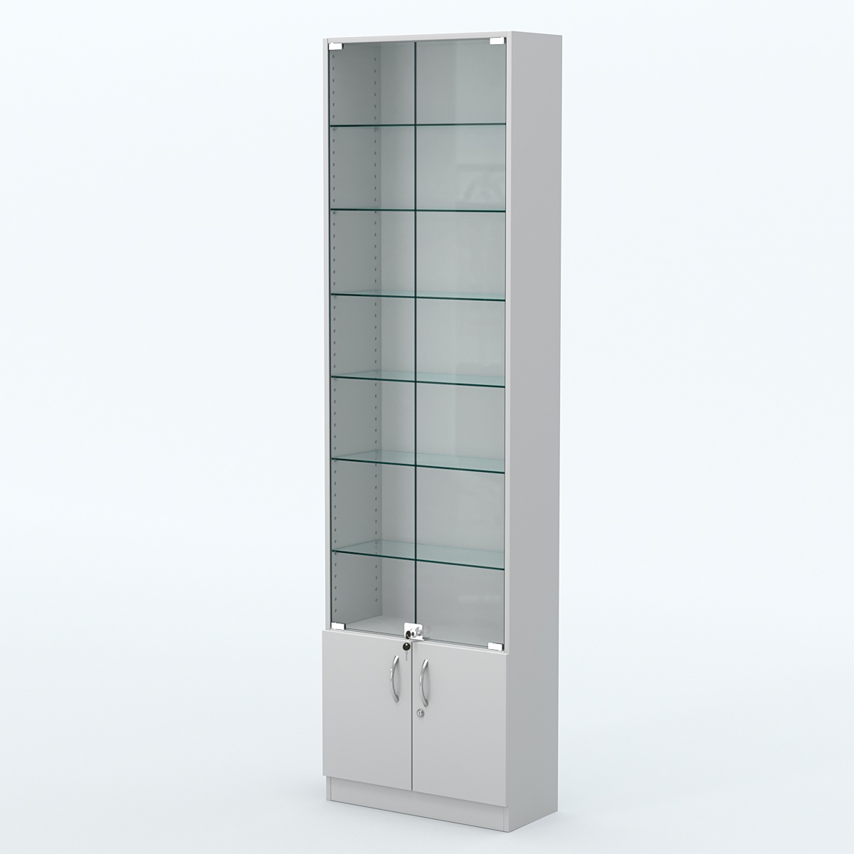 Торговая витрина с 6-ю стеклянными полками 250x600 мм серии NEXT-6 №4 (З/C - ДВП) Серый