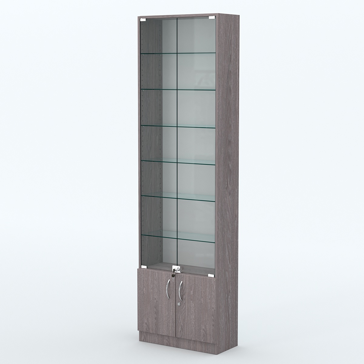 Торговая витрина с 6-ю стеклянными полками 250x600 мм серии NEXT-6 №4 (З/C - ДВП) Ясень Анкор темный