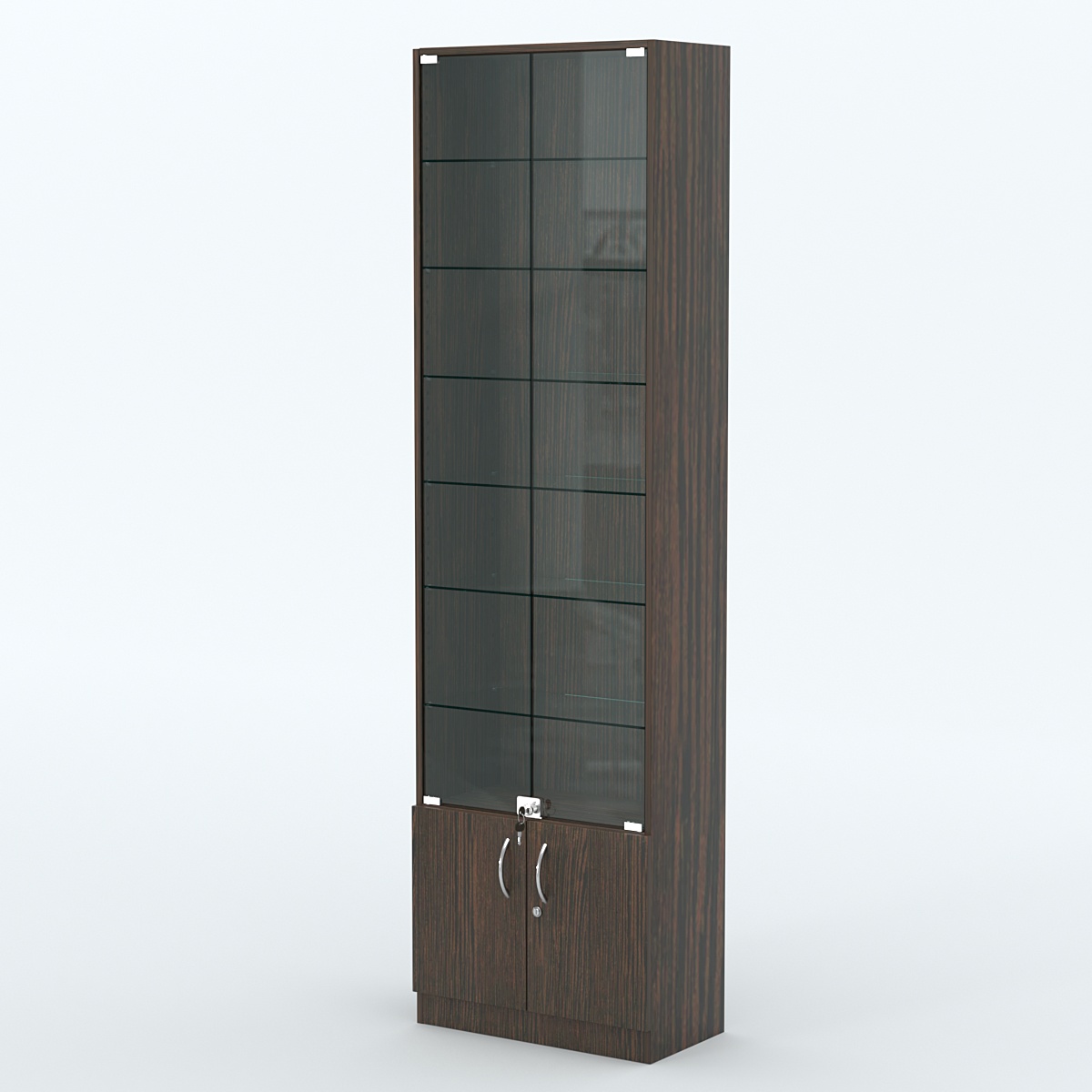 Торговая витрина с 6-ю стеклянными полками 300x600 мм серии NEXT-6 №5 (З/C - ДВП) Дуб Венге