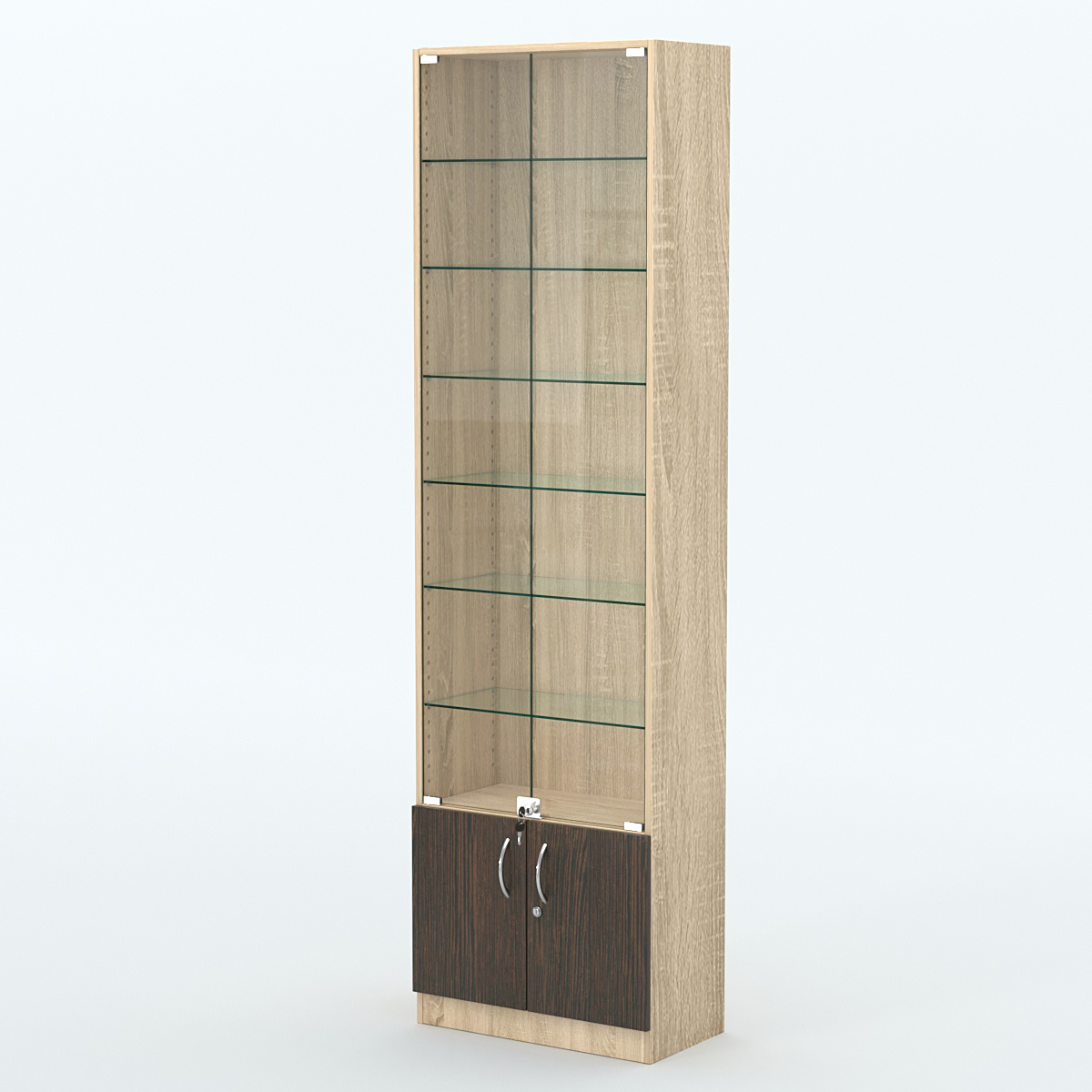 Торговая витрина с 6-ю стеклянными полками 300x600 мм серии NEXT-6 №5 (З/C - ДВП) Дуб Сонома + Дуб Венге