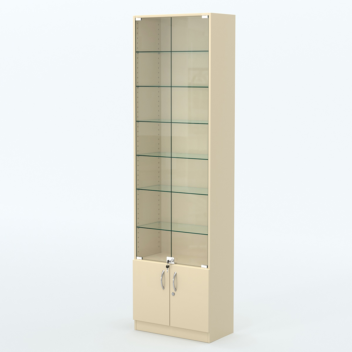 Торговая витрина с 6-ю стеклянными полками 300x600 мм серии NEXT-6 №5 (З/C - ДВП) Крем Вайс