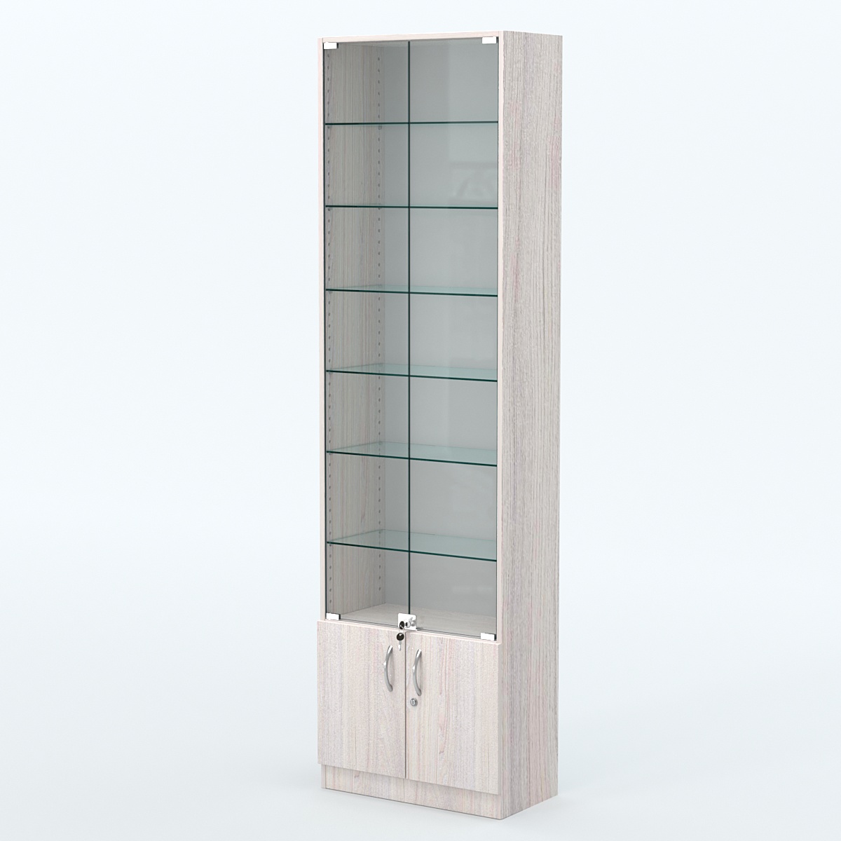 Торговая витрина с 6-ю стеклянными полками 300x600 мм серии NEXT-6 №5 (З/C - ДВП) Ясень Анкор светлый