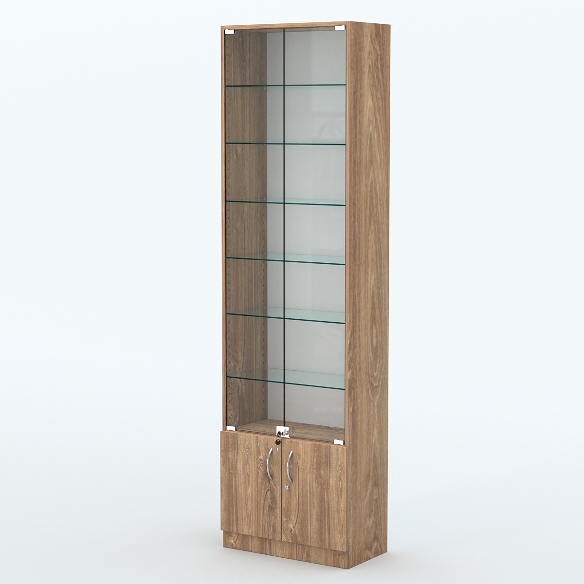 Торговая витрина с 6-ю стеклянными полками 300x600 мм серии NEXT-6 №5 (З/C - ДВП) Дуб Канзас коричневый