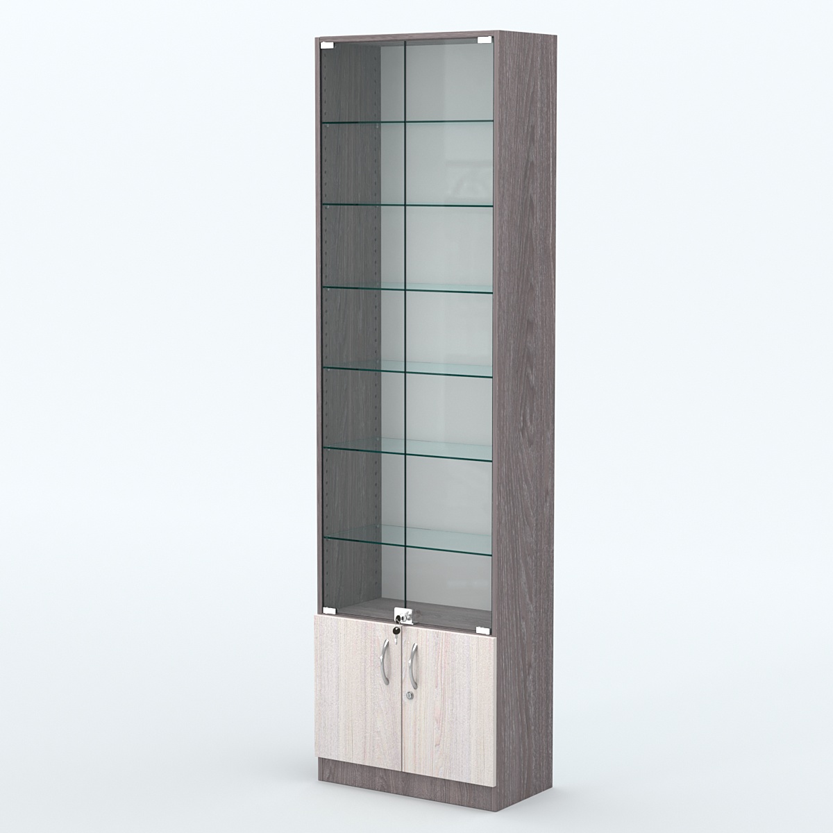 Торговая витрина с 6-ю стеклянными полками 300x600 мм серии NEXT-6 №5 (З/C - ДВП) Ясень Анкор темный + Ясень Анкор светлый