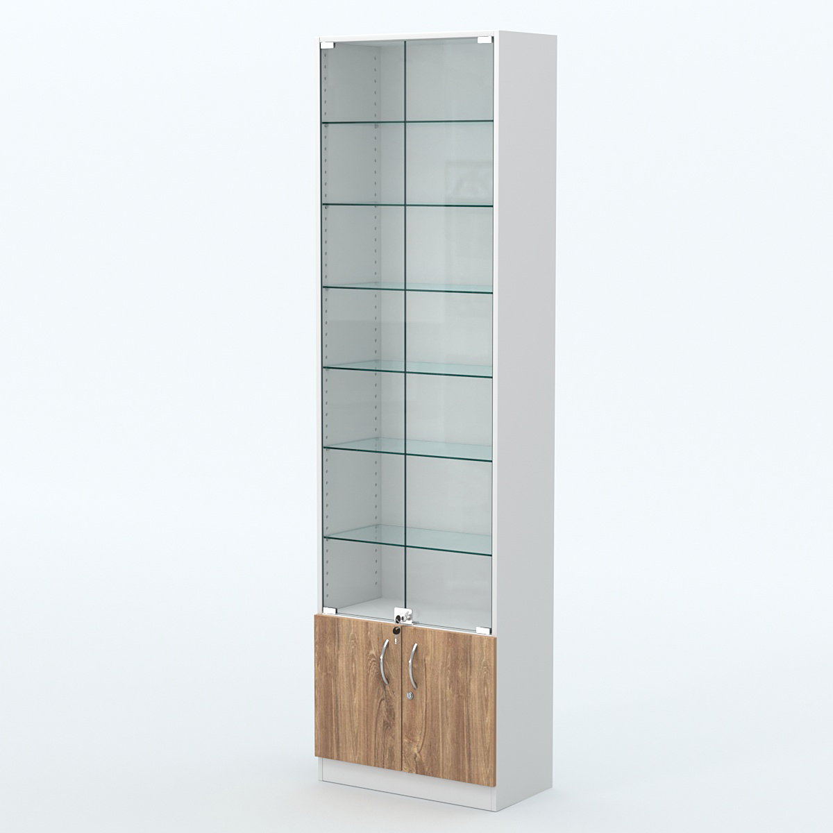 Торговая витрина с 6-ю стеклянными полками 300x600 мм серии NEXT-6 №5 (З/C - ДВП) Белый + Дуб канзас коричневый