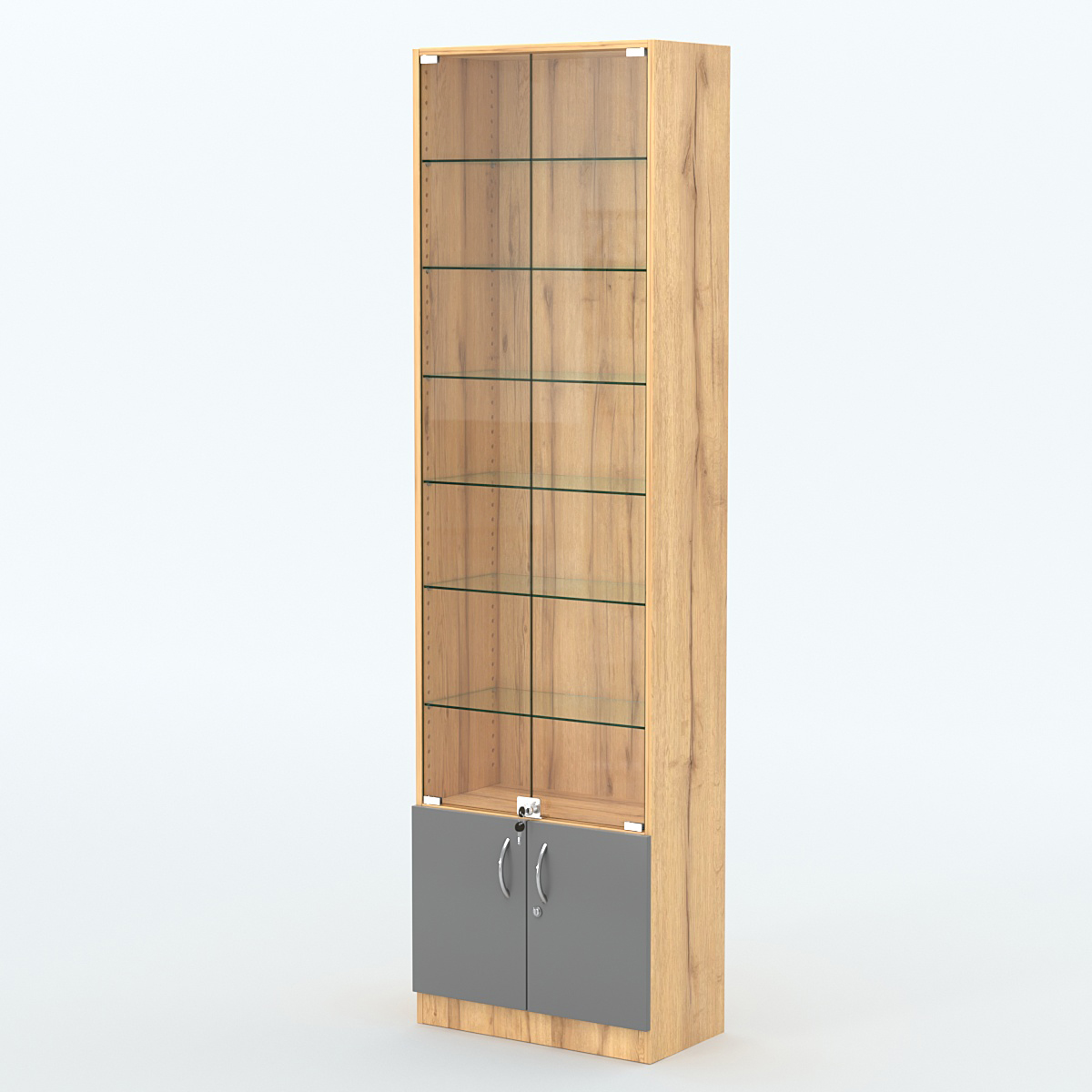 Торговая витрина с 6-ю стеклянными полками 300x600 мм серии NEXT-6 №5 (З/C - ДВП) Дуб Золотистый и Темно-Серый