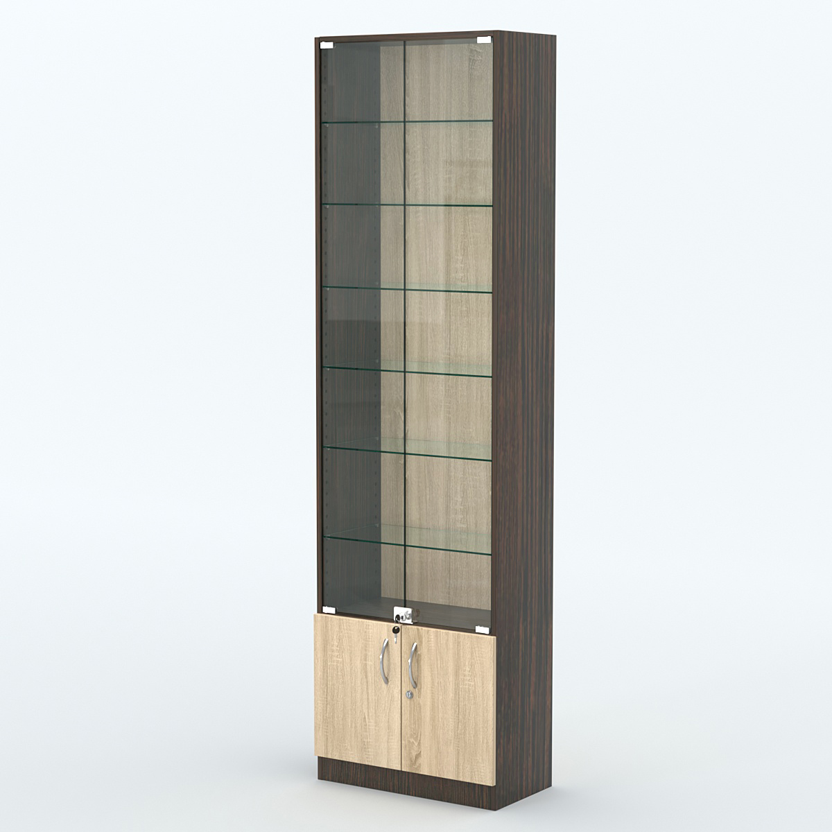 Торговая витрина с 6-ю стеклянными полками 300x600 мм серии NEXT-6 №5 (З/C - ДВП) Дуб Венге + Дуб Сонома