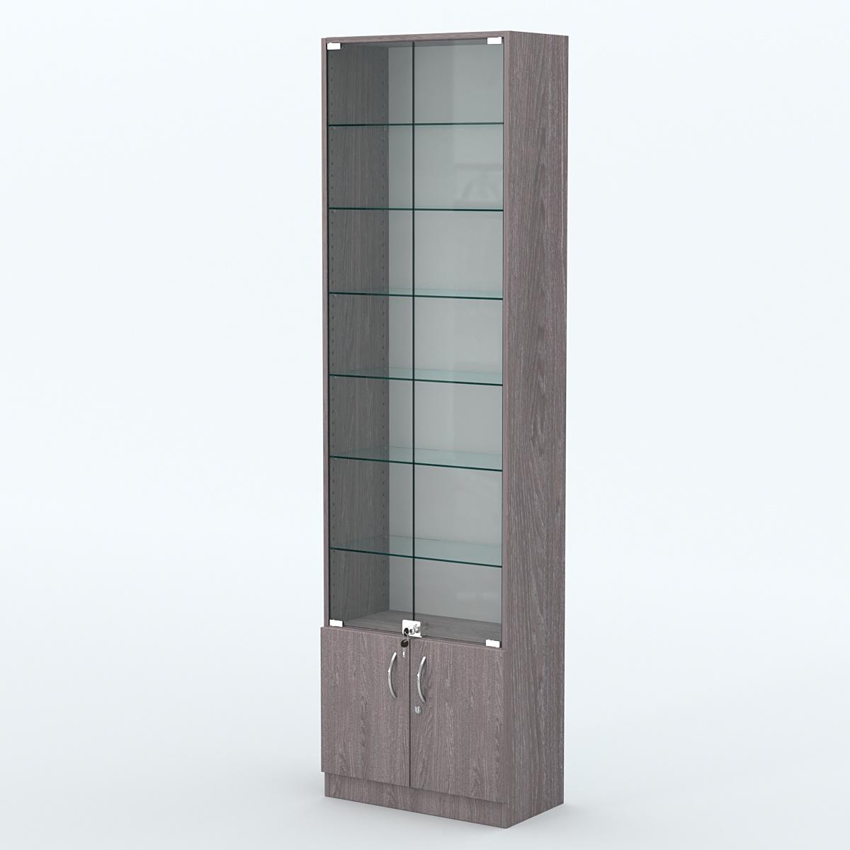 Торговая витрина с 6-ю стеклянными полками 300x600 мм серии NEXT-6 №5 (З/C - ДВП) Ясень Анкор темный