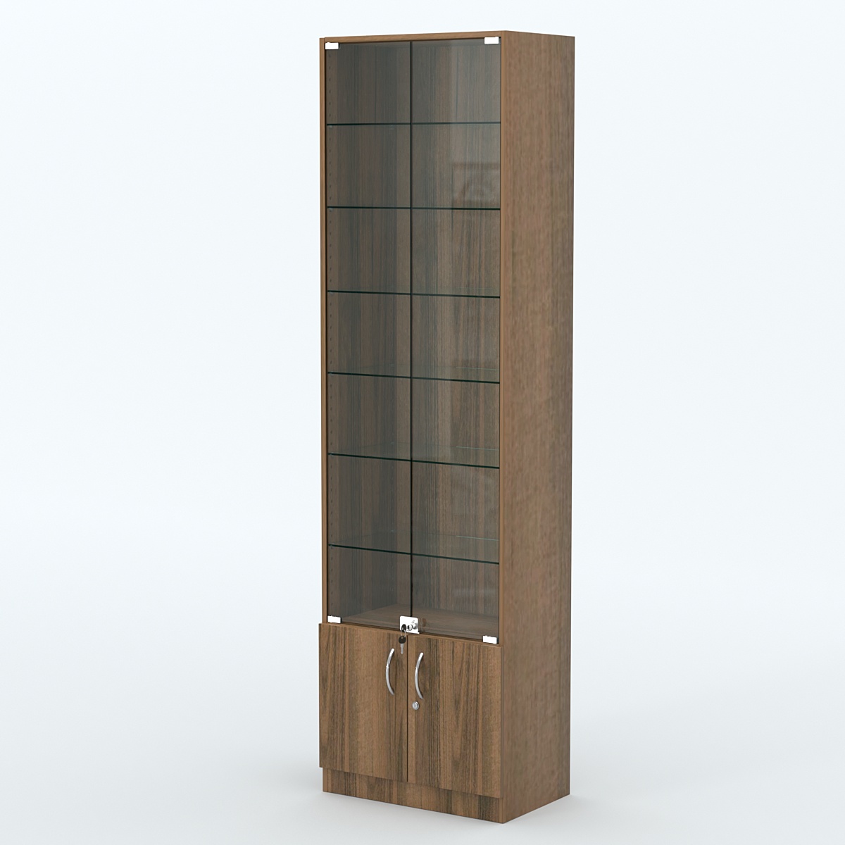 Торговая витрина с 6-ю стеклянными полками 350x600 мм серии NEXT-6 №6 (З/C - ДВП) Орех