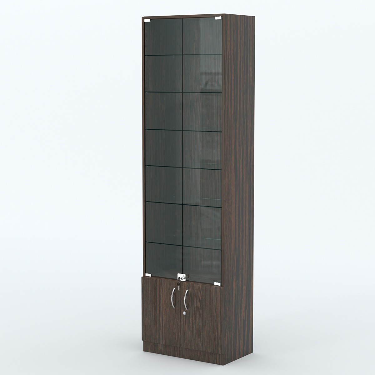 Торговая витрина с 6-ю стеклянными полками 350x600 мм серии NEXT-6 №6 (З/C - ДВП) Дуб Венге