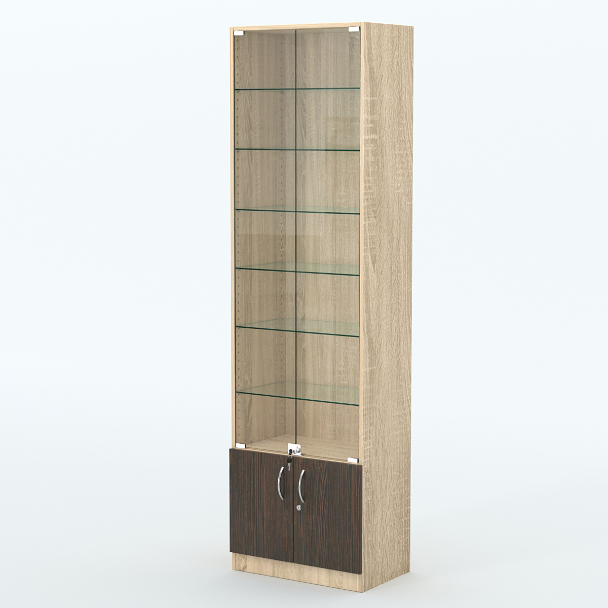 Торговая витрина с 6-ю стеклянными полками 350x600 мм серии NEXT-6 №6 (З/C - ДВП) Дуб Сонома + Дуб Венге