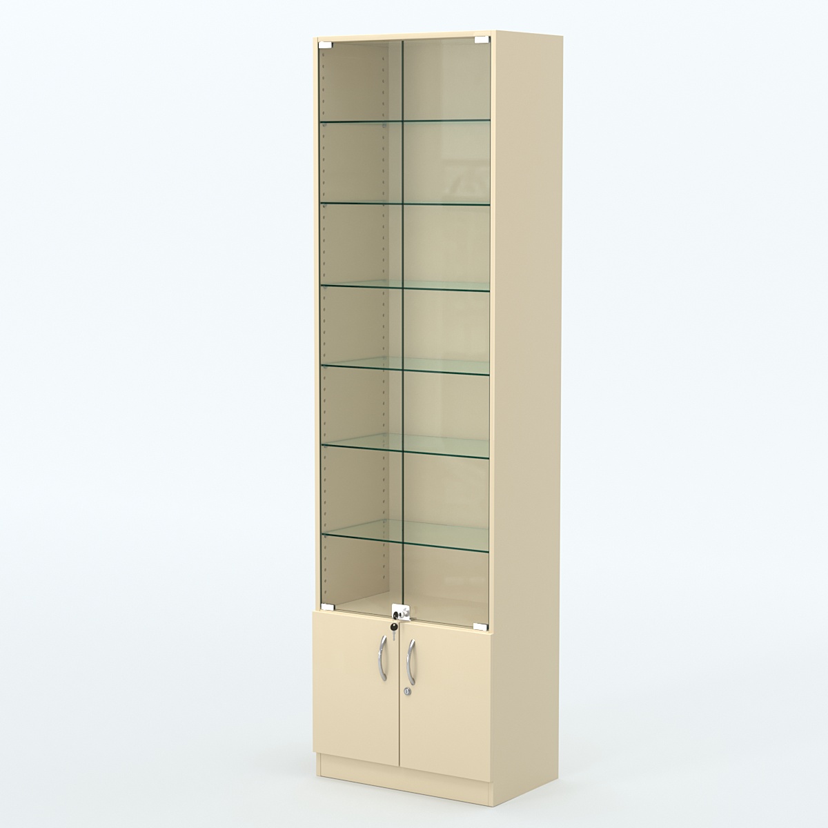 Торговая витрина с 6-ю стеклянными полками 350x600 мм серии NEXT-6 №6 (З/C - ДВП) Крем Вайс